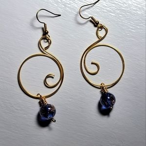 Swirly Gold Tone Wire Earrings with Blue Glass Bead